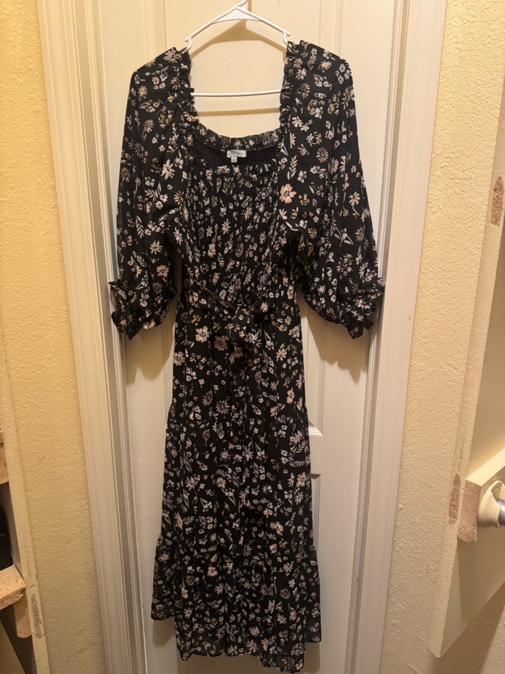 Polagram Black Floral Midi Dress with Puff Sleeves